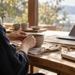 形式知と暗黙知を考えるため、ノートとパソコンの横で手を使って制作するイメージ